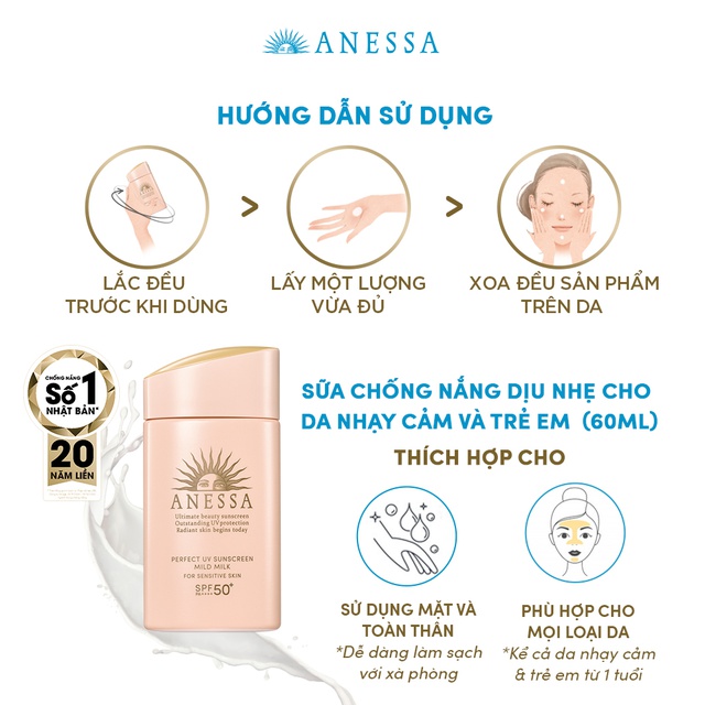 Kem Chống Nắng Dạng Sữa Dịu Nhẹ Cho Da Dễ Kích Ứng Anessa Perfect UV  Sunscreen Mild Milk A SPF 50+/PA++++ 60ml - Beautybyco.vn